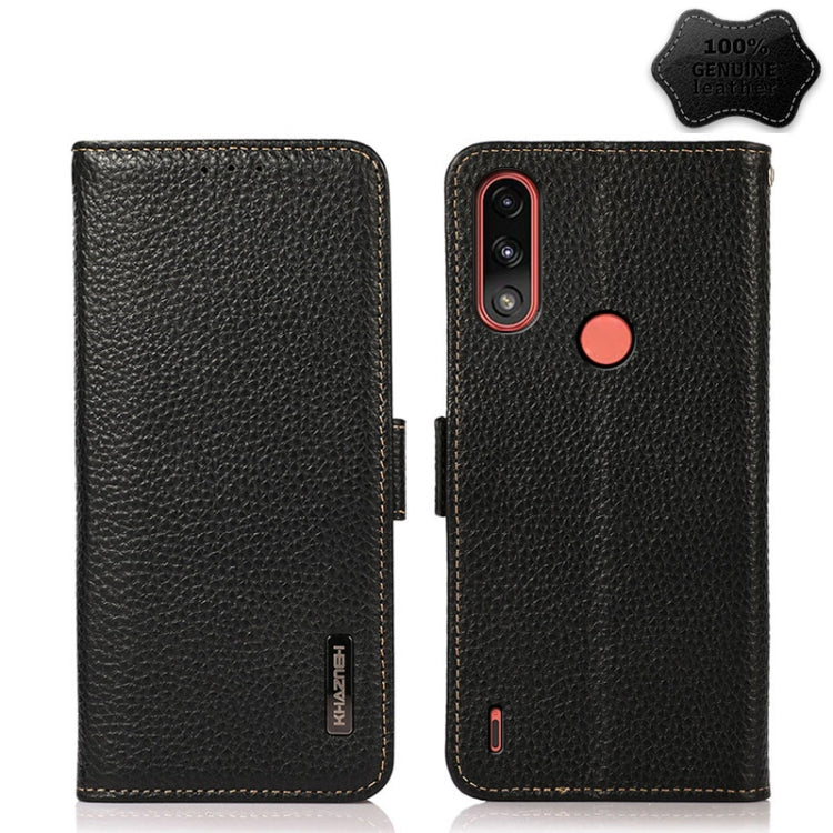 For Motorola Moto E7 Power KHAZNEH Side-Magnetic Litchi Genuine Leather RFID Case(Black)