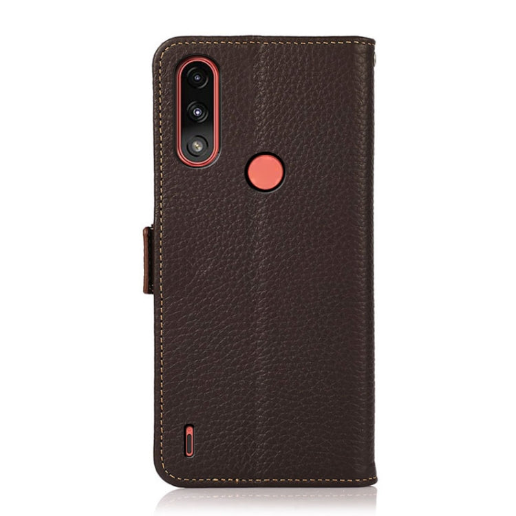 For Motorola Moto E7 Power KHAZNEH Side-Magnetic Litchi Genuine Leather RFID Case(Brown)