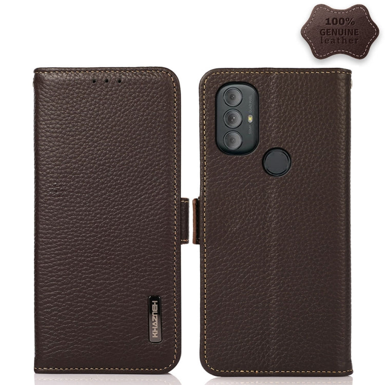 For Motorola Moto G Power 2022 KHAZNEH Side-Magnetic Litchi Genuine Leather RFID Case(Brown)