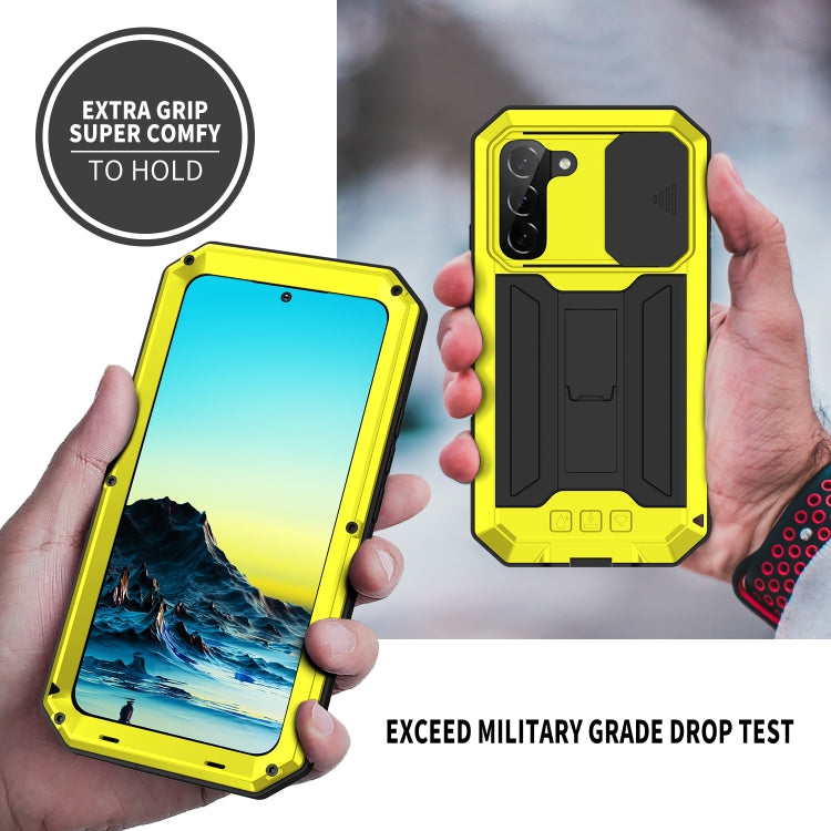 For Samsung Galaxy S22 5G R-JUST Sliding Camera Metal + Silicone Holder Phone Case(Yellow)