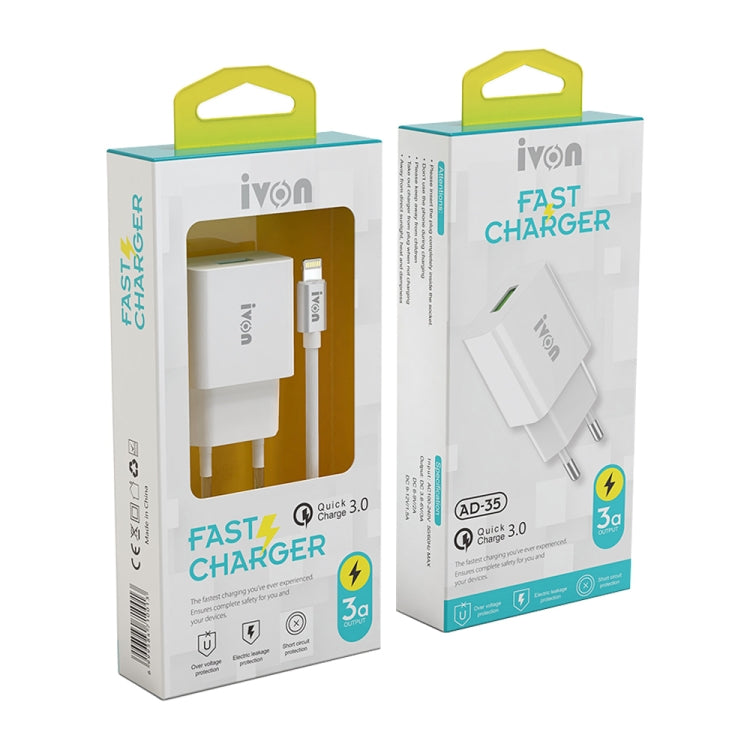 IVON AD-35 2 in 1 18W QC3.0 USB Port Travel Charger + 1m USB to USB-C / Type-C Data Cable Set, EU Plug(White) - free shipping - PMC Jewellery - Order now!