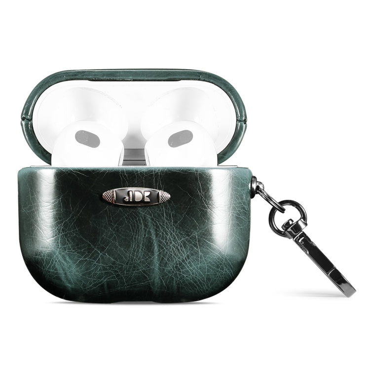 Oil Wax Leather Texture Earphone Protective Case with Hang Buckle For AirPods 3(Dark Green)