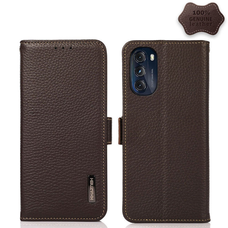 For Motorola Moto G 2022 5G KHAZNEH Side-Magnetic Litchi Genuine Leather RFID Phone Case(Brown)