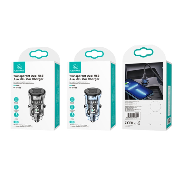 USAMS US-CC162 C31 5V3A Transparent Dual USB Mini Car Charger(Black)