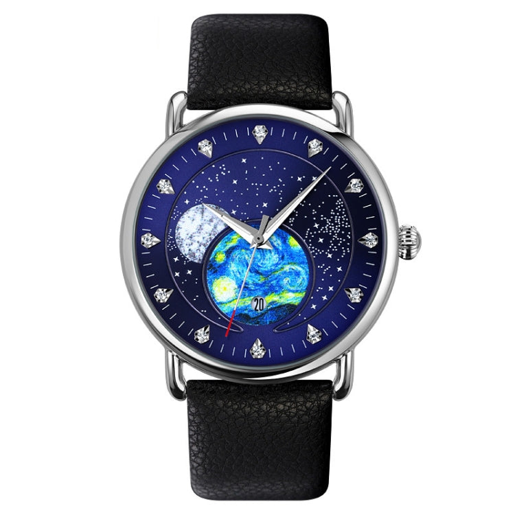 SKMEI 9283 Stainless Steel Buckle Glass Mirror Water-resistant Quartz Watch, Shape:Leather Belt(Blue)