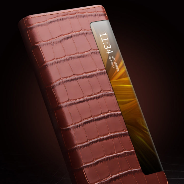 For Huawei Mate X2 QIALINO Crocodile Pattern Side Window View Genuine Leather Phone Case(Brown) - free shipping - PMC Jewellery - Order now!