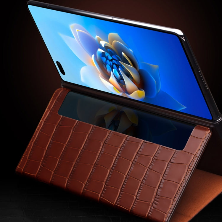 For Huawei Mate X2 QIALINO Crocodile Pattern Side Window View Genuine Leather Phone Case(Brown)