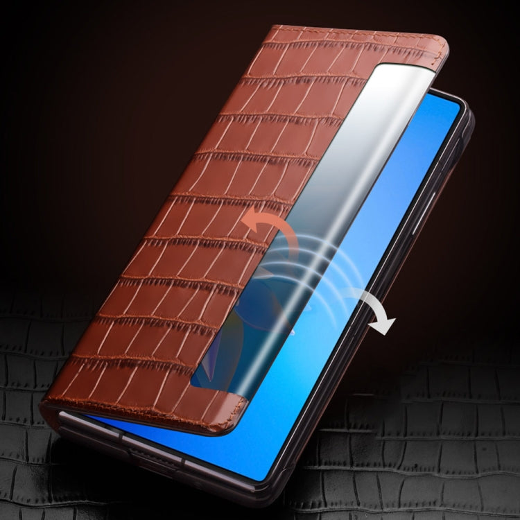 For Huawei Mate X2 QIALINO Crocodile Pattern Side Window View Genuine Leather Phone Case(Brown) - free shipping - PMC Jewellery - Order now!