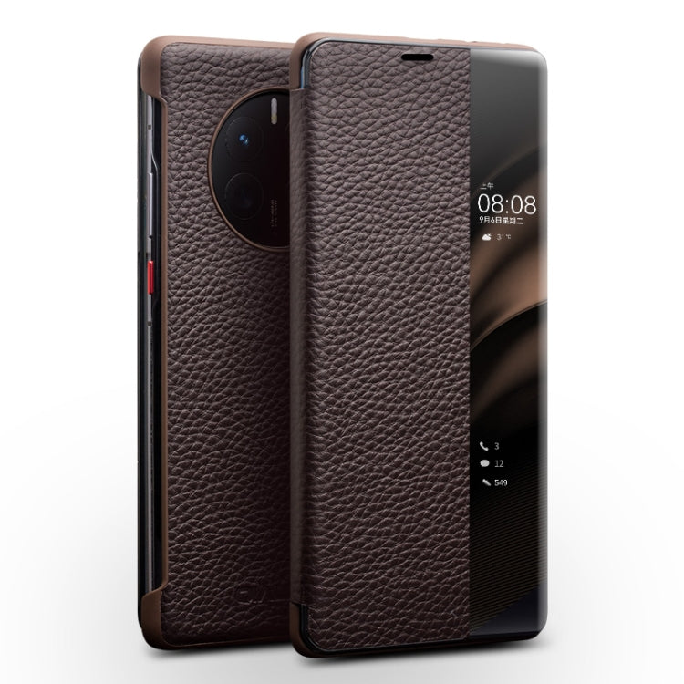 For Huawei Mate 50 Pro QIALINO Genuine Leather Side Window View Smart Phone Case(Brown) - Huawei Cases by QIALINO | Online Shopping South Africa | PMC Jewellery | Buy Now Pay Later Mobicred