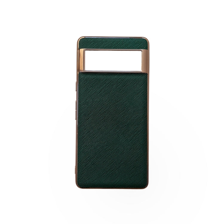 For Google Pixel 7 5G Nano Electroplating Cross Texture Genuine Leather Phone Case(Green)