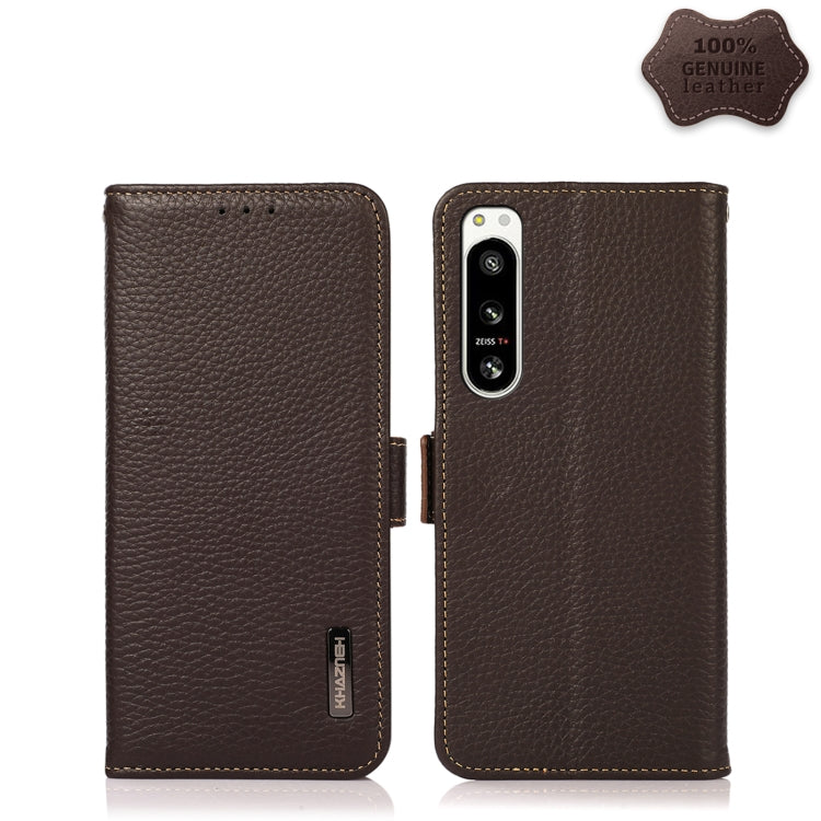 For Sony Xperia 5 IV KHAZNEH Side-Magnetic Litchi Genuine Leather RFID Case(Brown)
