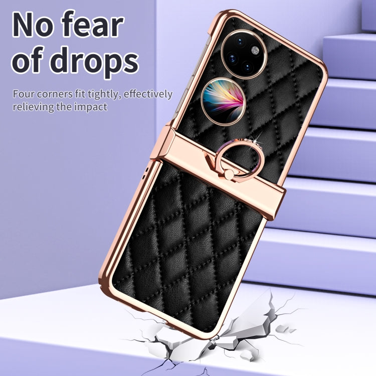 For Huawei P50 Pocket Grid Leather Pattern Electroplating Frame Folding Phone Case(Black) - Huawei Cases by PMC TechLife | Online Shopping South Africa | PMC TechLife | Buy Now Pay Later Mobicred