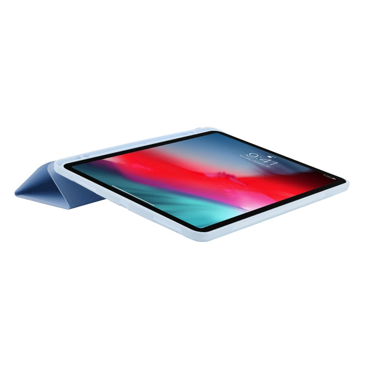 Skin Feel Pen Holder Tri-fold Tablet Leather Case For iPad Air 13 2024 / iPad Pro 12.9 2022 / 2021 / 2020 / 2018(Light Blue)