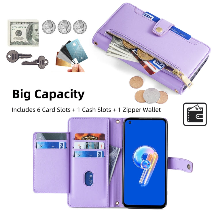 For ASUS Zenfone 9 / Zenfone 9Z Sheep Texture Cross-body Zipper Wallet Leather Phone Case(Purple)