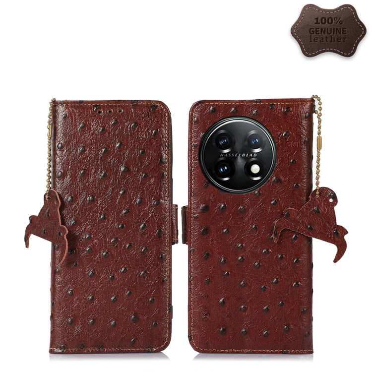 For OnePlus 11 5G Ostrich Pattern Genuine Leather RFID Phone Case(Coffee)