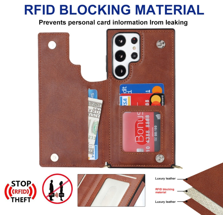 For Samsung Galaxy S23 Ultra 5G Cross-body Square Double Buckle Flip Card Bag TPU+PU Case(Brown)