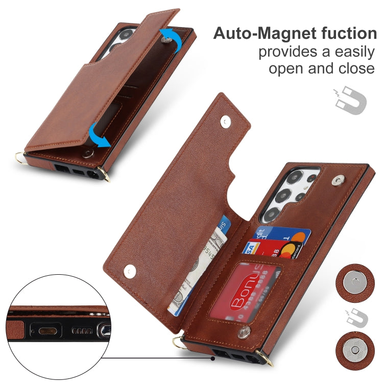 For Samsung Galaxy S23 Ultra 5G Cross-body Square Double Buckle Flip Card Bag TPU+PU Case(Brown)