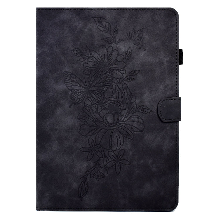 For Amazon Kindle Fire HD10 2021 Peony Butterfly Embossed Leather Smart Tablet Case(Black)