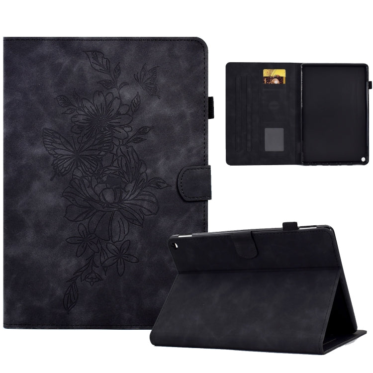 For Amazon Kindle Fire HD8 2022 Peony Butterfly Embossed Leather Smart Tablet Case(Black)