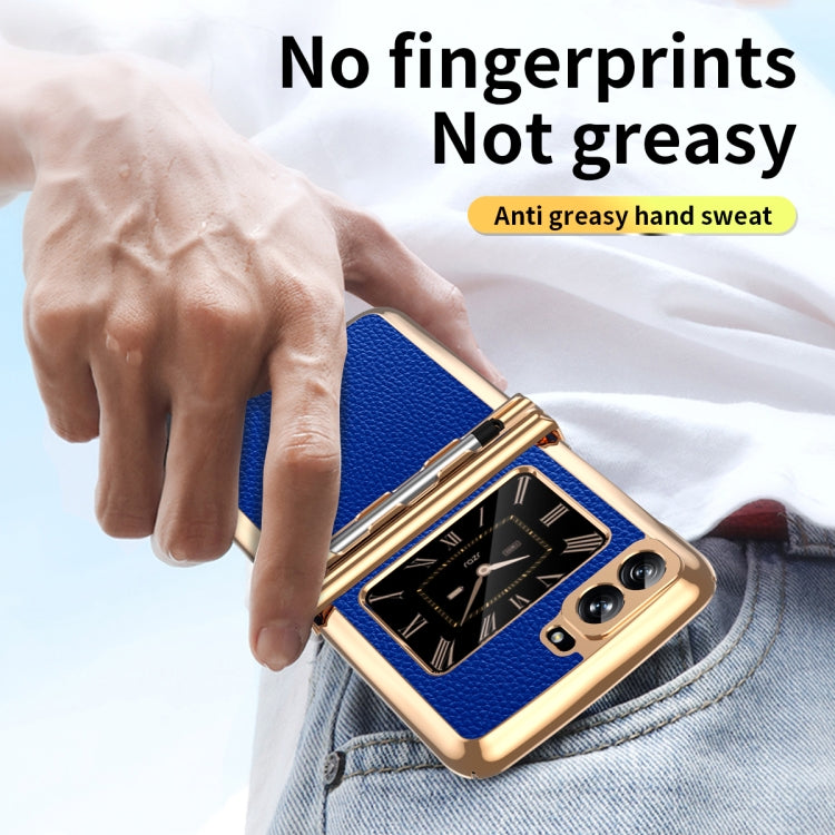 For Motorola Razr 2022 Foldable Electroplated Plain Leather Phone Case with Stylus(Blue) - Motorola Cases by PMC TechLife | Online Shopping South Africa | PMC TechLife | Buy Now Pay Later Mobicred