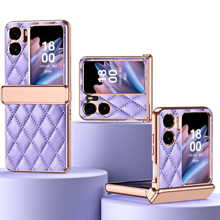 For OPPO Find N2 Flip Rhombus Pattern Electroplated Plain Leather Magnetic Phone Case with Hinge(Purple)