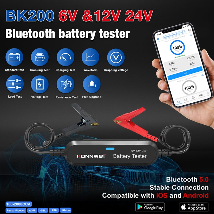KONNWEI BK200 6V/12V/24V Car Bluetooth Battery Tester(Black) - free shipping - PMC Jewellery - Order now!