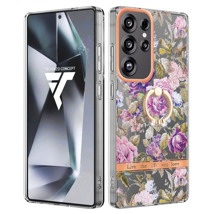 For Samsung Galaxy S25 Ultra 5G Flowers and Plants Series IMD TPU Phone Case with Ring Holder(Purple Peony)