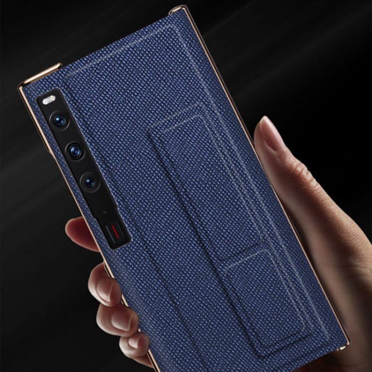 For Huawei Mate Xs 2 Electroplated Cross Pattern Leather All-inclusive Phone Case with Stand(Sapphire Blue Gold) - Huawei Cases by PMC TechLife | Online Shopping South Africa | PMC TechLife | Buy Now Pay Later Mobicred