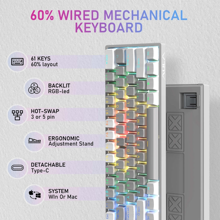 AULA F3261 Type-C Wired Hot Swappable 61 Keys RGB Mechanical Keyboard(Grey Black Green Shaft) - free shipping - PMC Jewellery - Order now!