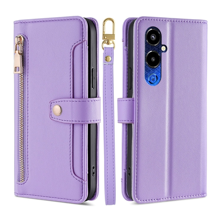 For Tecno Pova 4 Pro Sheep Texture Cross-body Zipper Wallet Leather Phone Case(Purple)