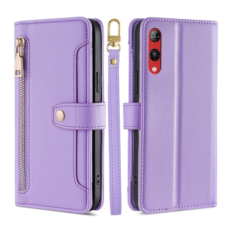 For Rakuten Hand 4G Sheep Texture Cross-body Zipper Wallet Leather Phone Case(Purple)