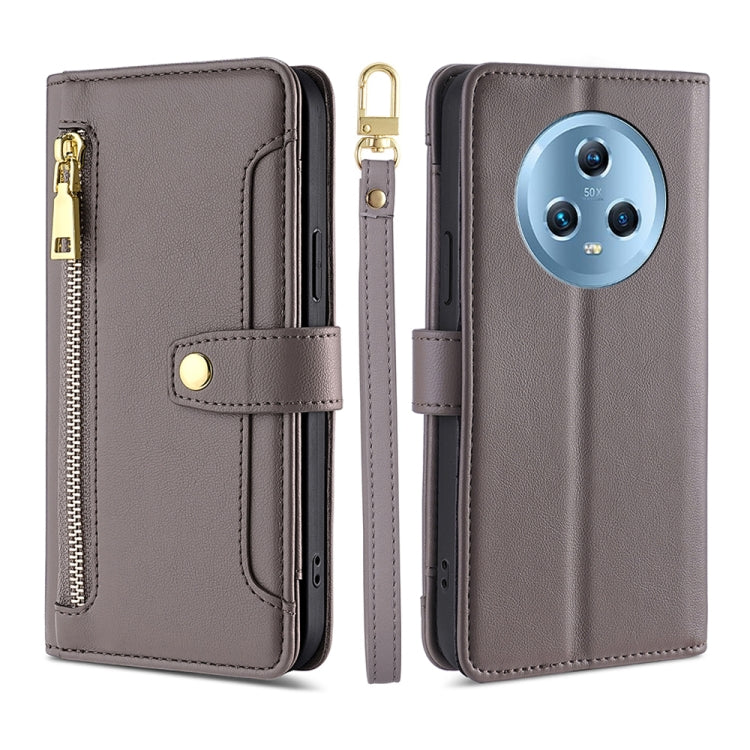 For Honor Magic5 Sheep Texture Cross-body Zipper Wallet Leather Phone Case(Grey)