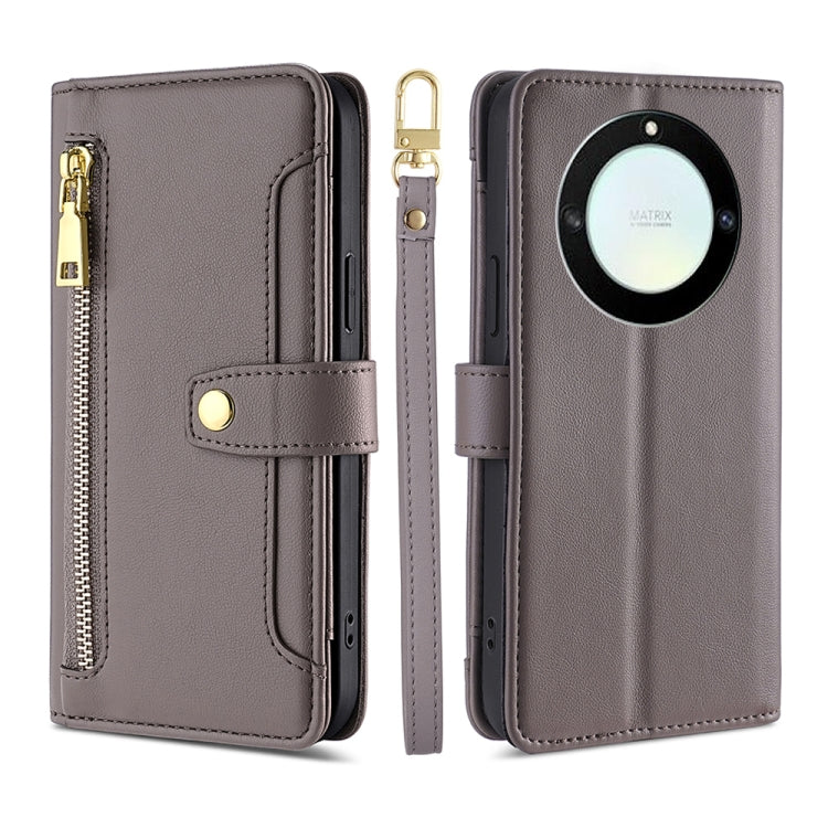 For Honor X40 Sheep Texture Cross-body Zipper Wallet Leather Phone Case(Grey)