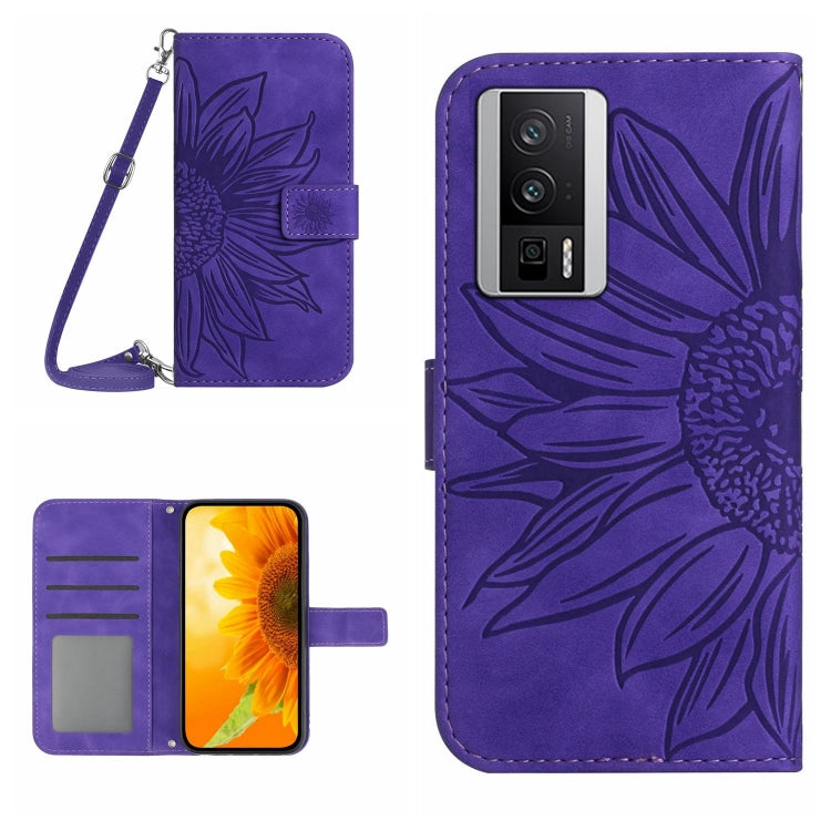 For Xiaomi Poco F5 Pro Skin Feel Sun Flower Embossed Flip Leather Phone Case with Lanyard(Dark Purple)