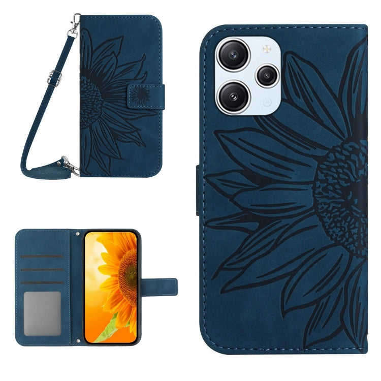 For Xiaomi Redmi 12 4G Global Skin Feel Sun Flower Embossed Flip Leather Phone Case with Lanyard(Inky Blue)