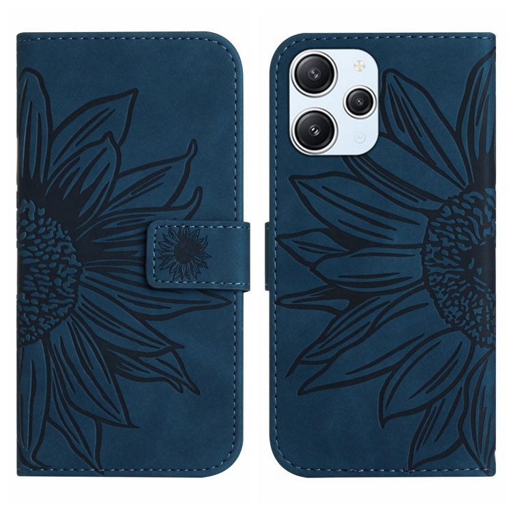 For Xiaomi Redmi 12 4G Global Skin Feel Sun Flower Embossed Flip Leather Phone Case with Lanyard(Inky Blue)