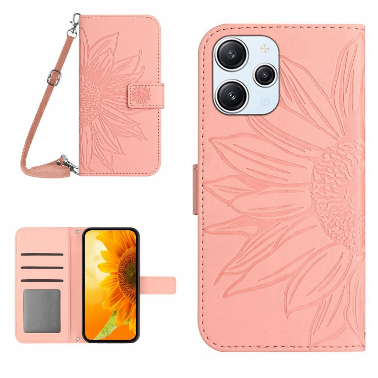 For Xiaomi Redmi 12 4G Global Skin Feel Sun Flower Embossed Flip Leather Phone Case with Lanyard(Pink)