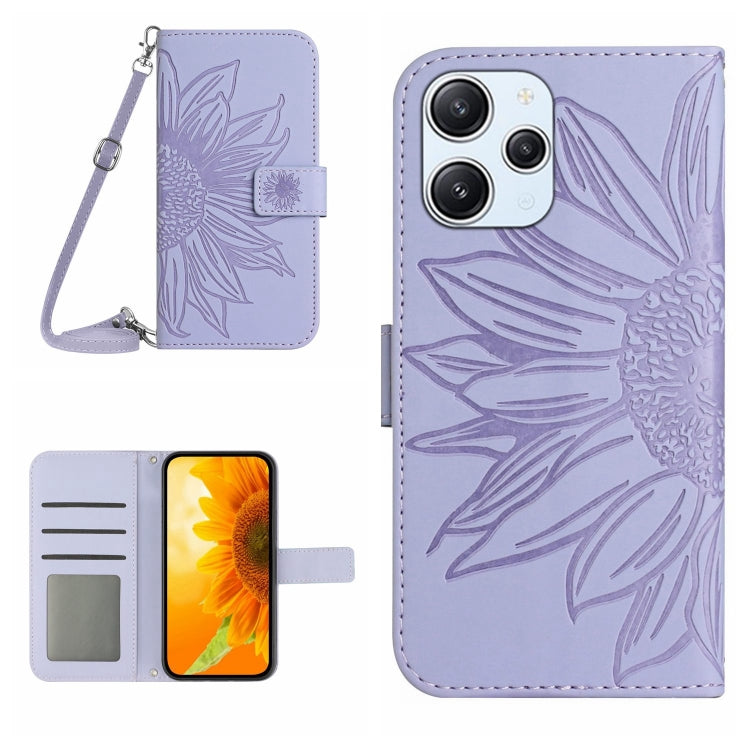 For Xiaomi Redmi 12 5G Skin Feel Sun Flower Embossed Flip Leather Phone Case with Lanyard(Purple)