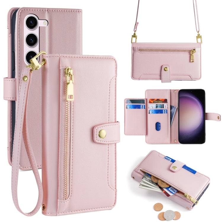 For Samsung Galaxy S24 5G Sheep Texture Cross-body Zipper Wallet Leather Phone Case(Pink)