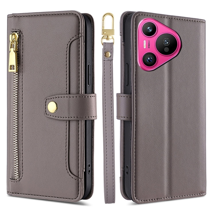 For Huawei Pura 70 5G Sheep Texture Cross-body Zipper Wallet Leather Phone Case(Grey)