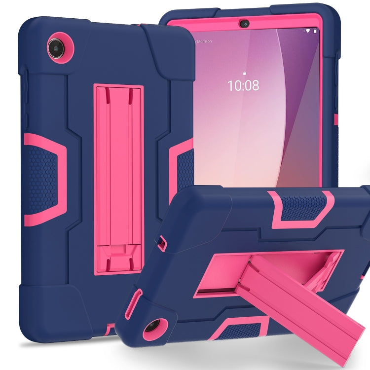 For Lenovo Tab M8 4th Gen Contrast Color Silicone Hybrid PC Tablet Case with Holder(Navy Blue Rose Red)