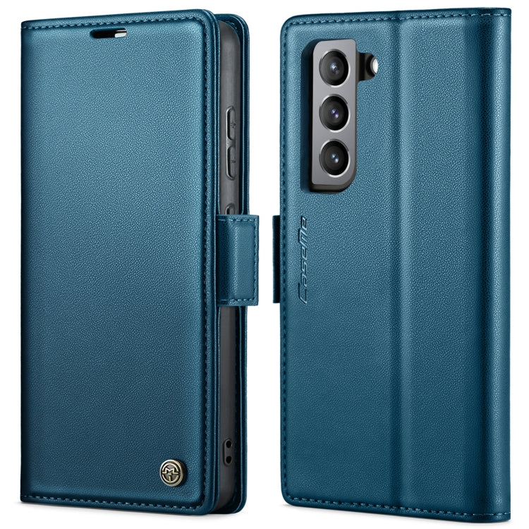 For Samsung Galaxy S21 FE 5G CaseMe 023 Butterfly Buckle Litchi Texture RFID Anti-theft Leather Phone Case(Blue)