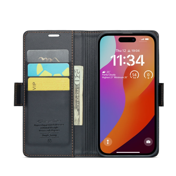 For iPhone 15 Pro Max CaseMe 023 Butterfly Buckle Litchi Texture RFID Anti-theft Leather Phone Case(Black)
