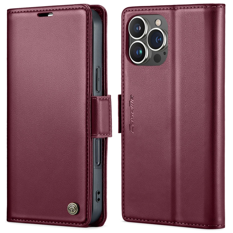 For iPhone 15 Pro Max CaseMe 023 Butterfly Buckle Litchi Texture RFID Anti-theft Leather Phone Case(Wine Red)