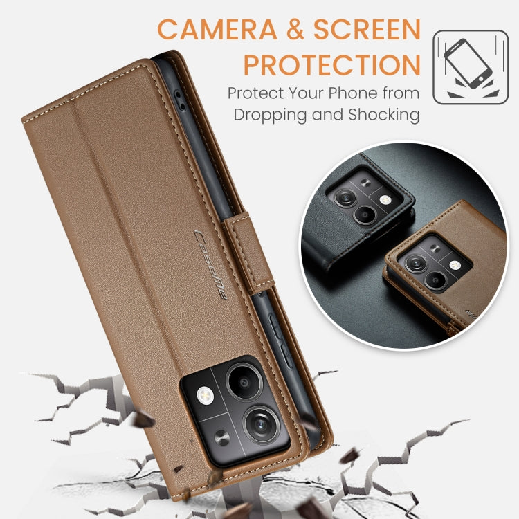For Xiaomi Redmi Note 13 5G CaseMe 023 Butterfly Buckle Litchi Texture RFID Anti-theft Leather Phone Case(Brown)