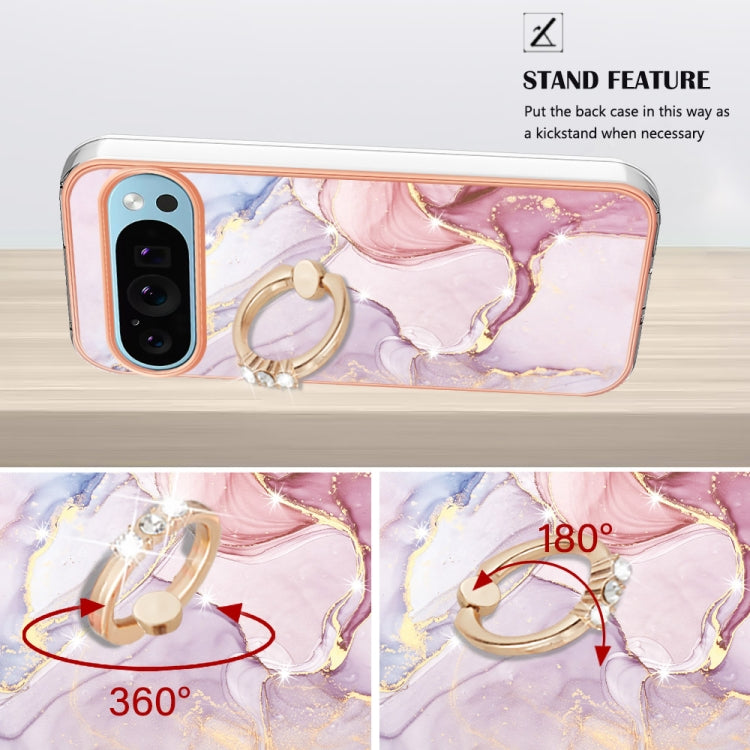 For Google Pixel 9 Pro XL Electroplating Marble IMD TPU Phone Case with Ring Holder(Rose Gold 005)