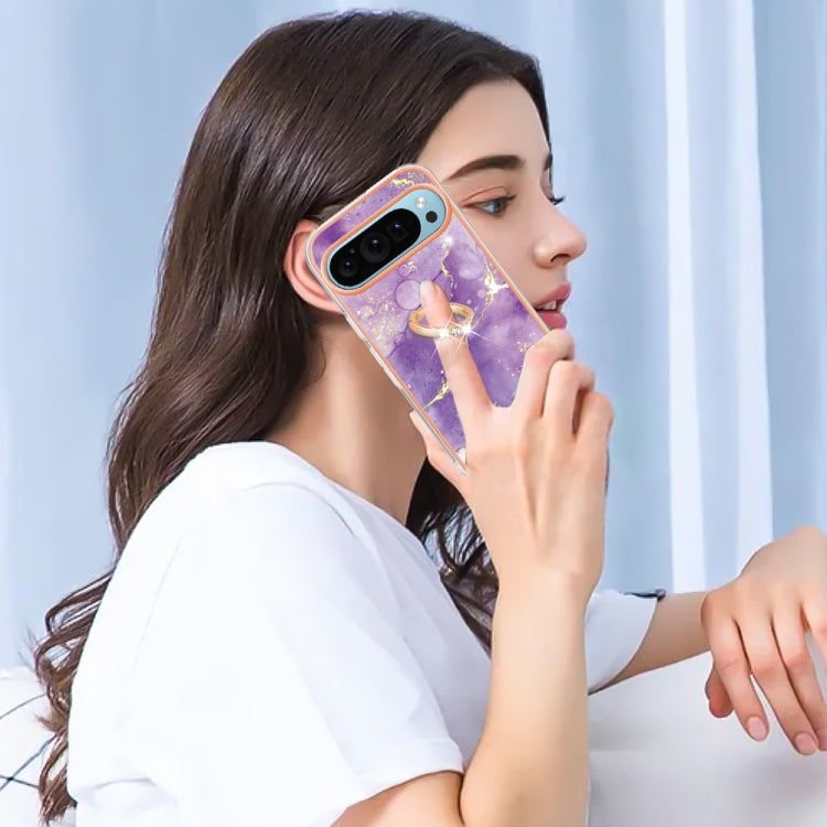 For Google Pixel 9 Pro XL Electroplating Marble IMD TPU Phone Case with Ring Holder(Purple 002) - Google Cases by PMC TechLife | Online Shopping South Africa | PMC TechLife | Buy Now Pay Later Mobicred
