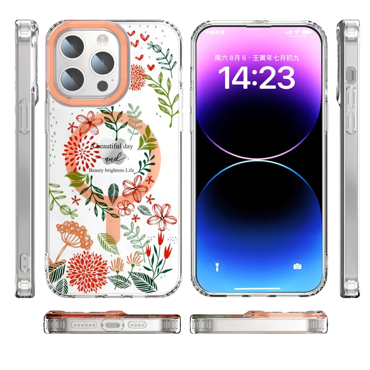 For iPhone 13 Pro MagSafe Magnetic TPU Phone Case(Red Flowers and Green Leaves)