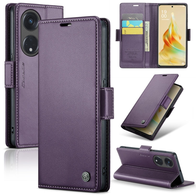 For OPPO Reno8 T 5G/A1 Pro 5G CaseMe 023 Butterfly Buckle Litchi Texture RFID Anti-theft Leather Phone Case(Pearly Purple)