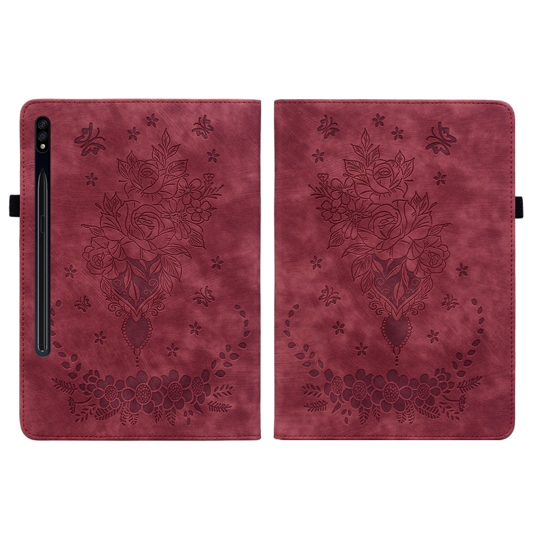 For Samsung Galaxy Tab S9 Butterfly Rose Embossed Leather Tablet Case(Red)
